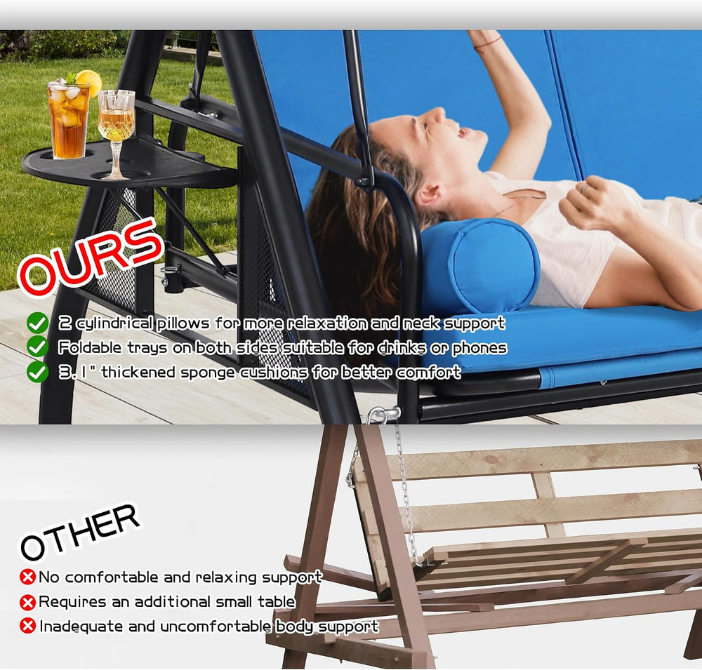 3 Seat Outdoor Patio Swing with Stand, 3-in-1 Porch Swing with Adjustable Can...
