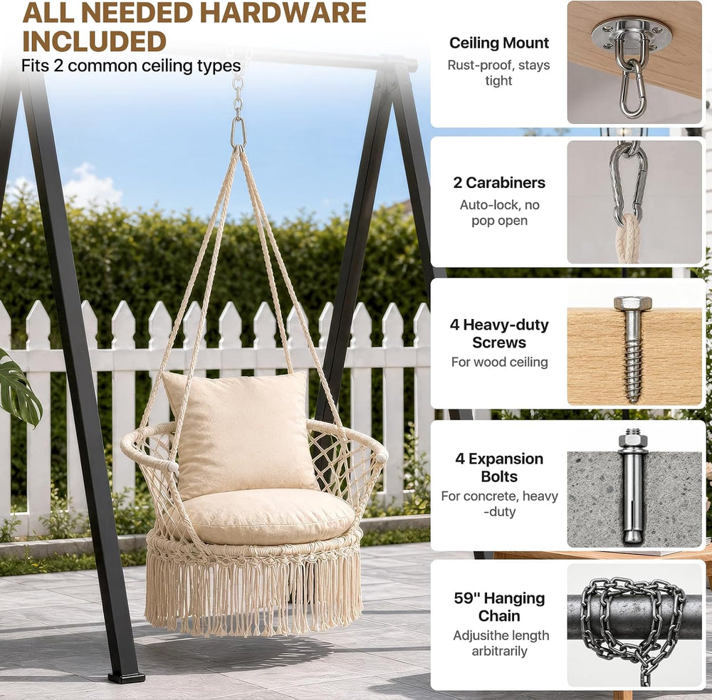 Athena Collection Macrame Hammock Chair with Mounting Hardware Kit, Beige