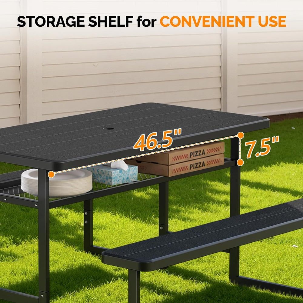 VINGLI 4.5FT Outdoor Picnic Table with Storage Shelf & Umbrella Hole, All...