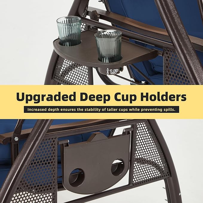 HOMREST 3 Seat Outdoor Porch Swing with 1.5" Deepened Cup Holder, Adjust...