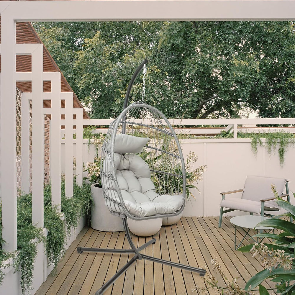Hanging Egg Chair with Stand, Patio Wicker Hammock Egg Swing Chair with Cushi...