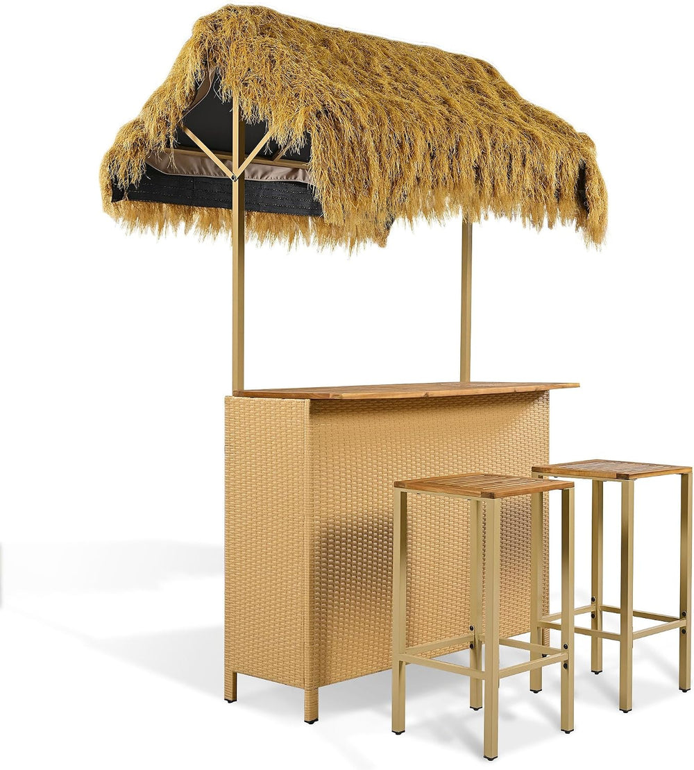 Outdoor 3-Piece Tiki Bar Set, Wicker Bar Table & 2 Stools