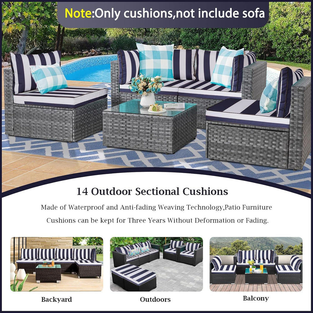 Outdoor Sectional Cushions 4" Foam High-Density, Navy Blue White