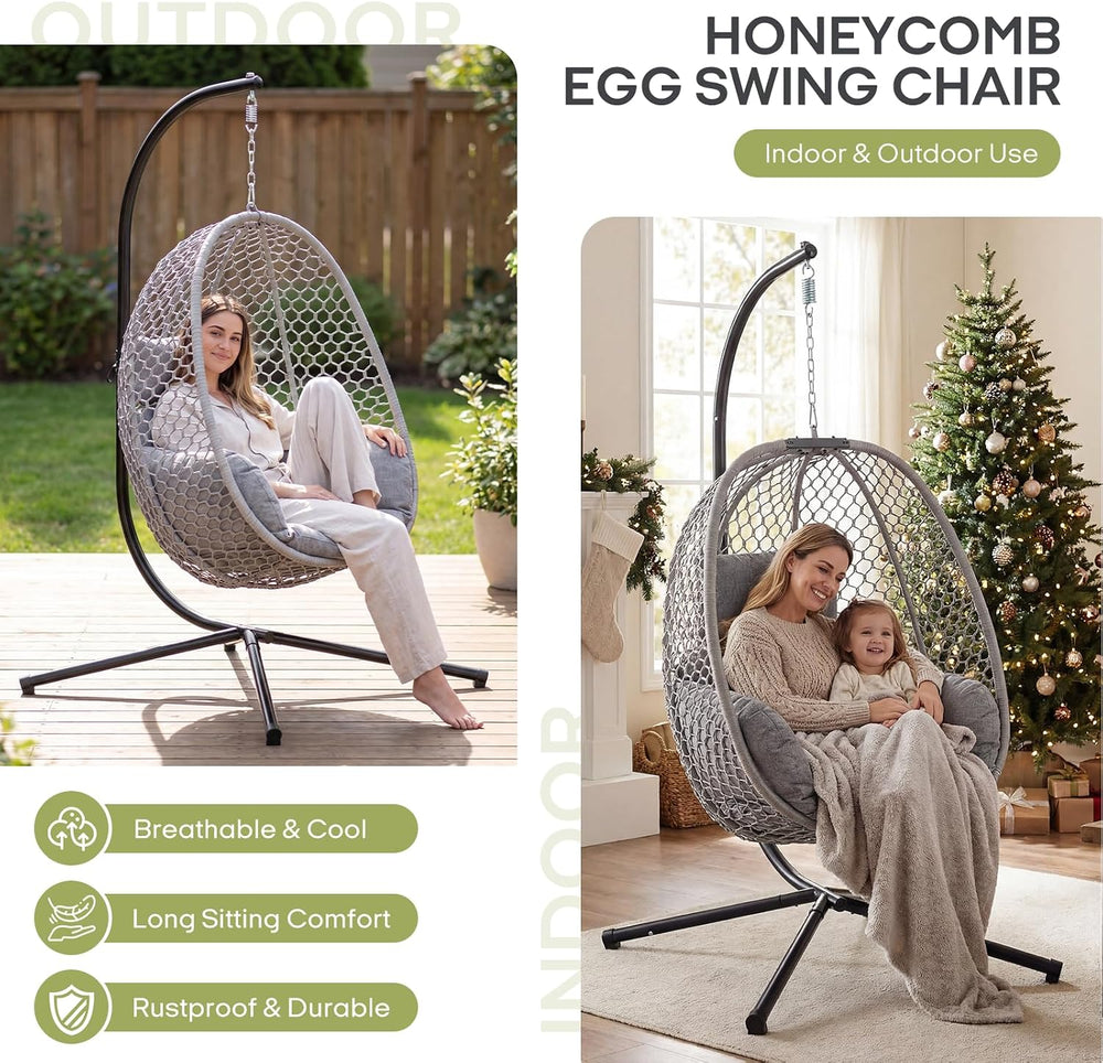 Outdoor Egg Hanging Chair with Stand, Honeycomb Wicker Swing Chair for Patio,...