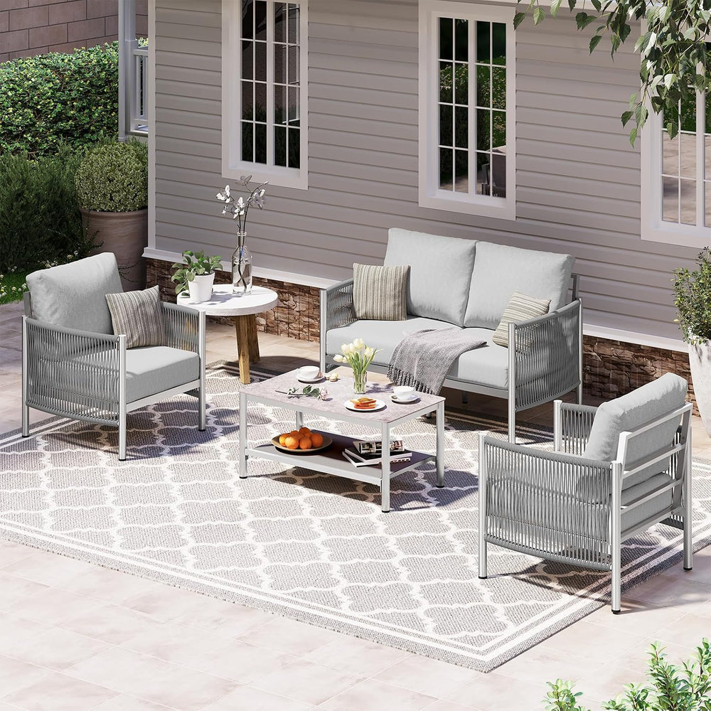 Aluminum Outdoor Patio Furniture Set with Dual-Layer Coffee Table, 4 Piece Mo...
