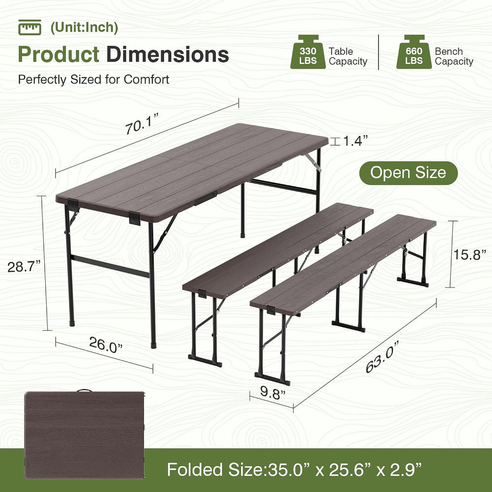 Picnic Table Set with 2 Benches,6 Feet Folding Camping Table Chair Set with W...