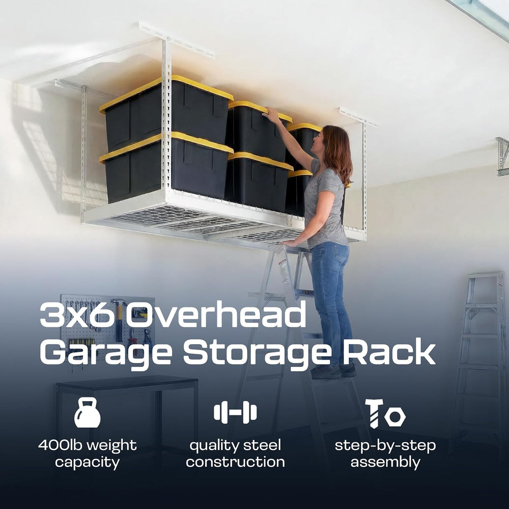 MonsterRax 3x6 Overhead Garage Storage Rack, White, 18"-33" Height