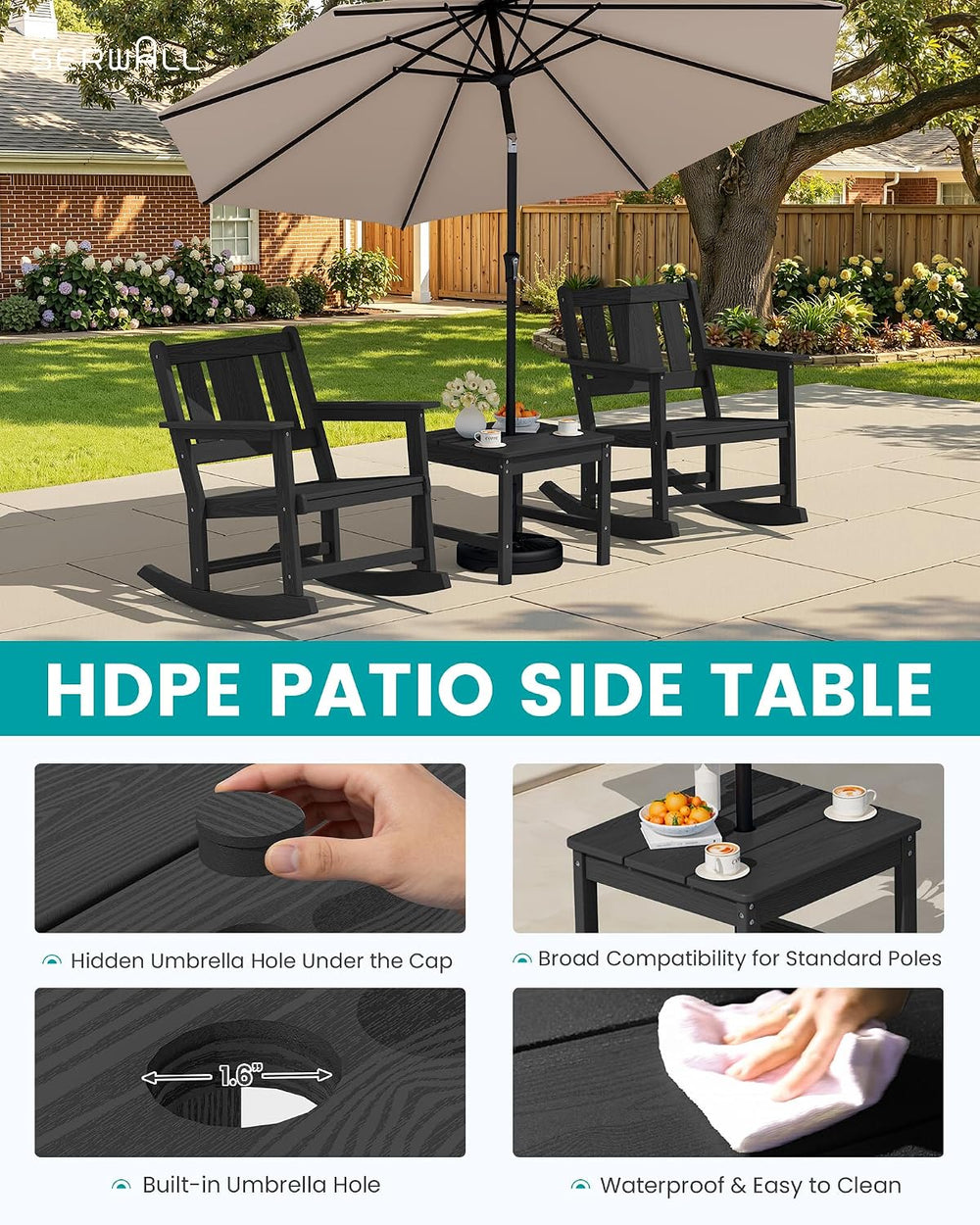 SERWALL 3-Piece Patio Furniture Set with 2 Rocking Chairs & Table, Black