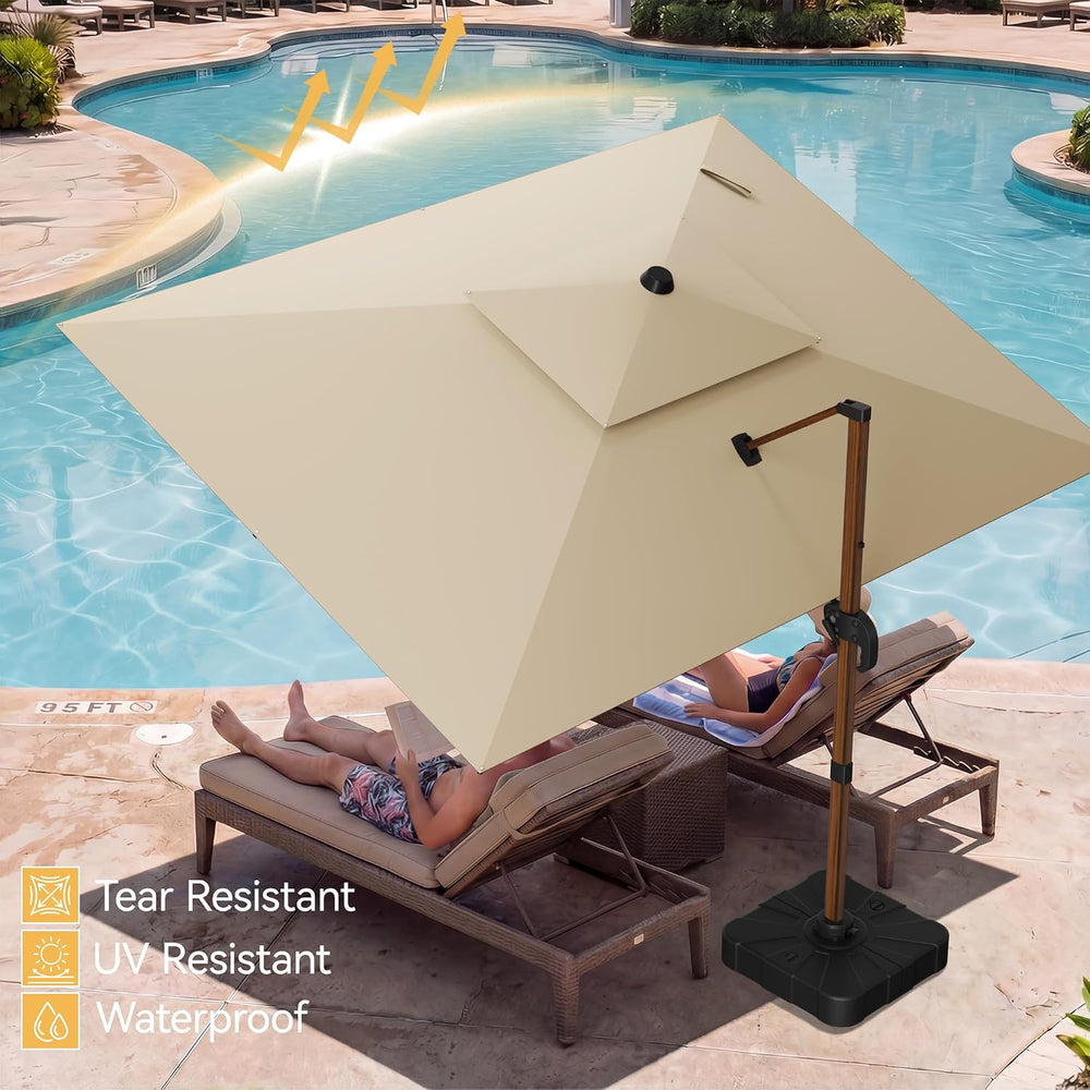 10x13' Wood Pattern Cantilever Patio Umbrella with Base, Beige