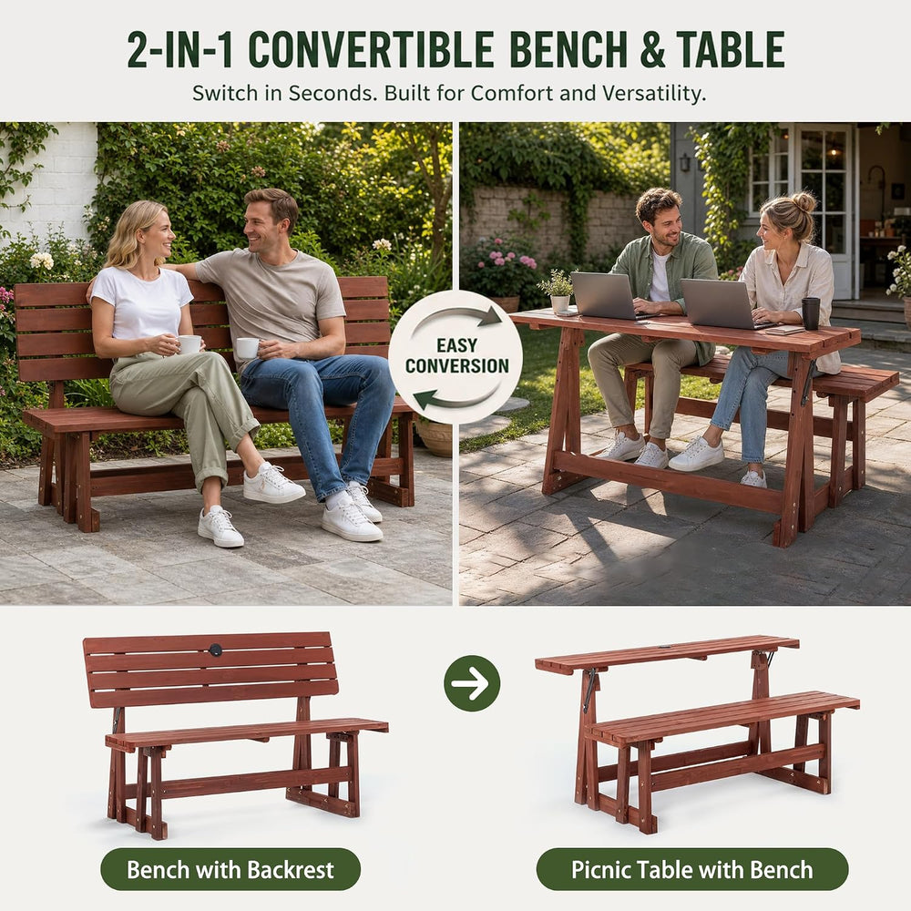 2-IN-1 Convert A Bench Picnic Table Wood Bench to Table With Umbrella Hole