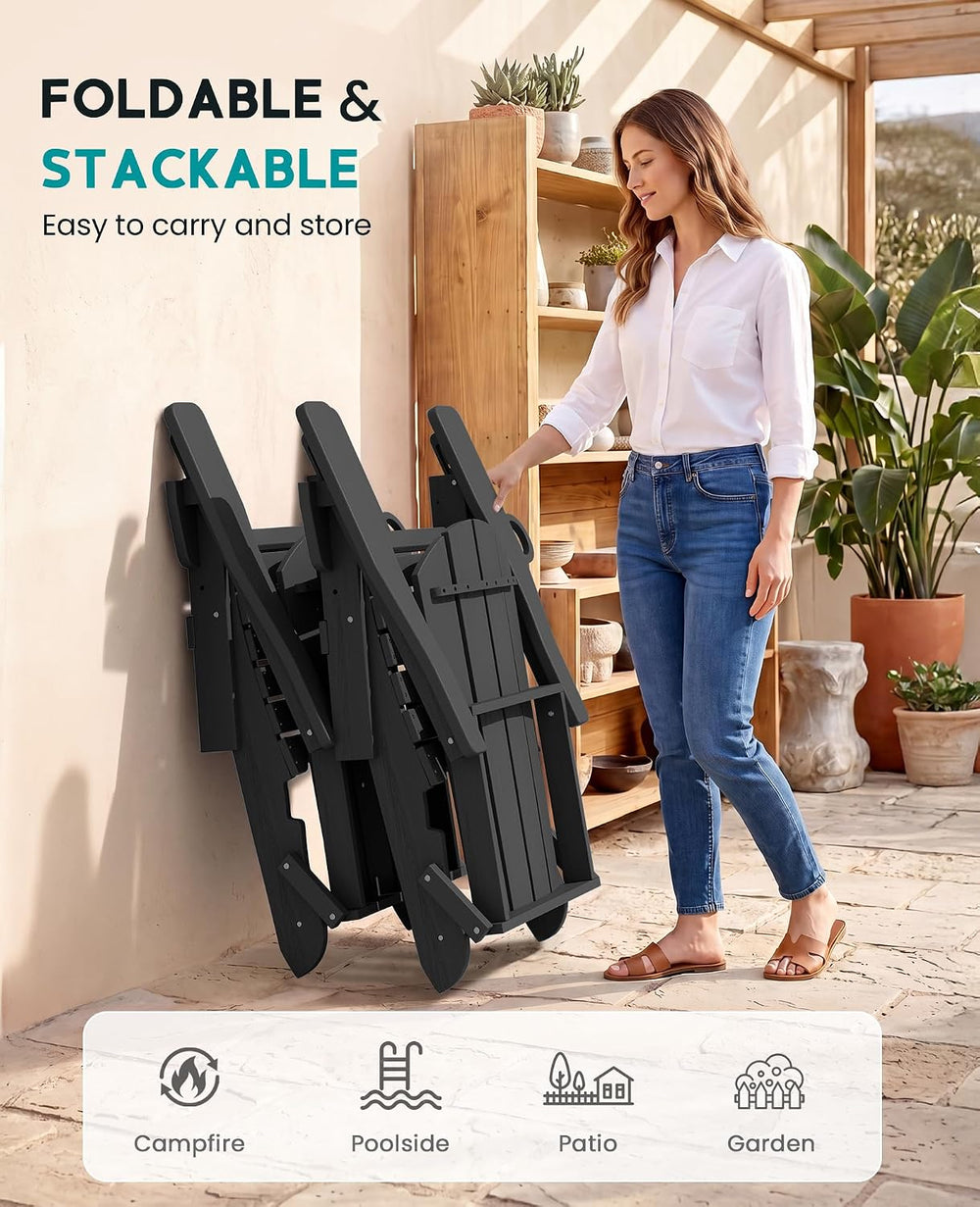 SERWALL Folding Adjustable Adirondack Chairs Set of 2, Cup Holders, Black