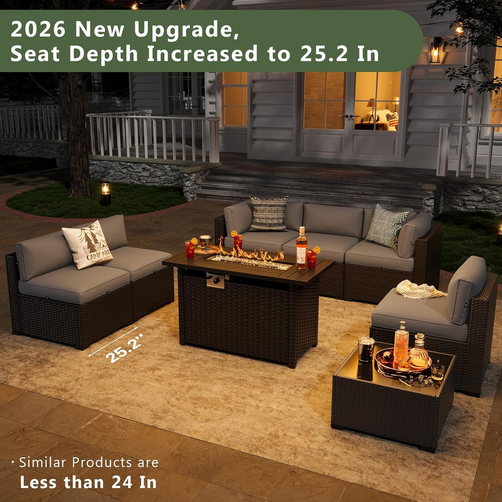 Aoxun 8 Piece Patio Furniture Set with 44" Fire Pit Table Wicker Rattan ...