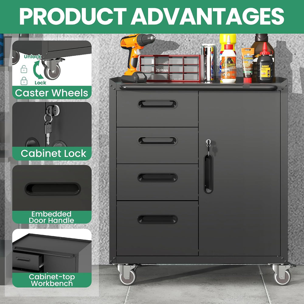 Garage Cabinets,Metal Garage Storage Cabinet with Wheels,Black Lockable Rolli...