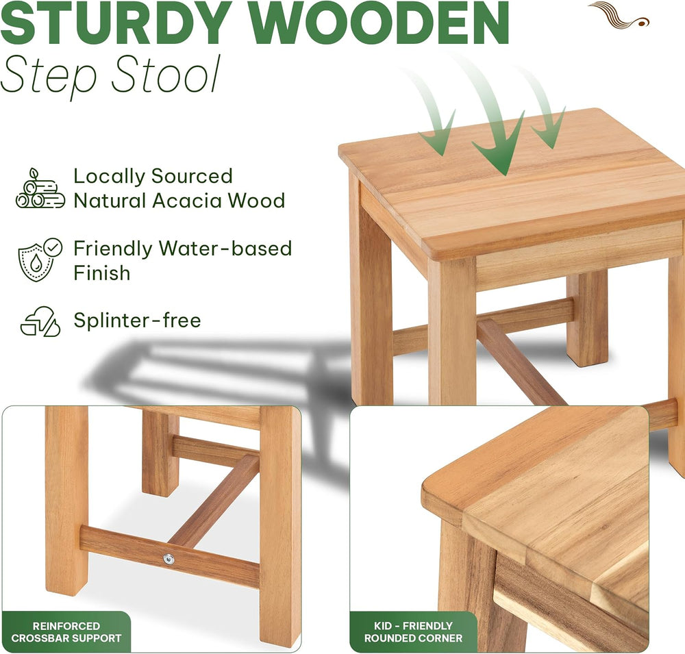 12" Wooden Step Stool, Small Wood Stool for Bathroom, Kitchen - White Oak