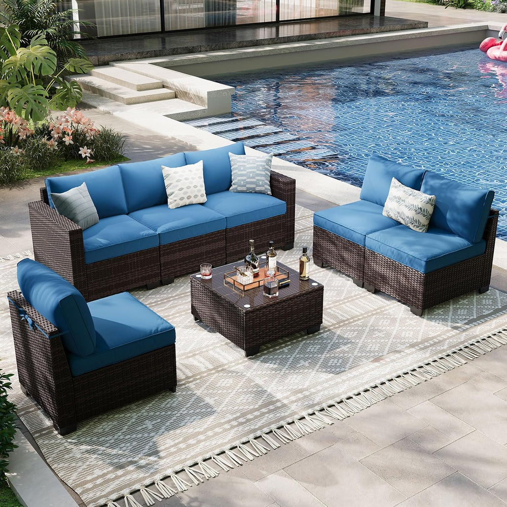7-Piece Outdoor Patio Furniture Set, 6-Seat All-Weather PE Rattan Wicker Pati...