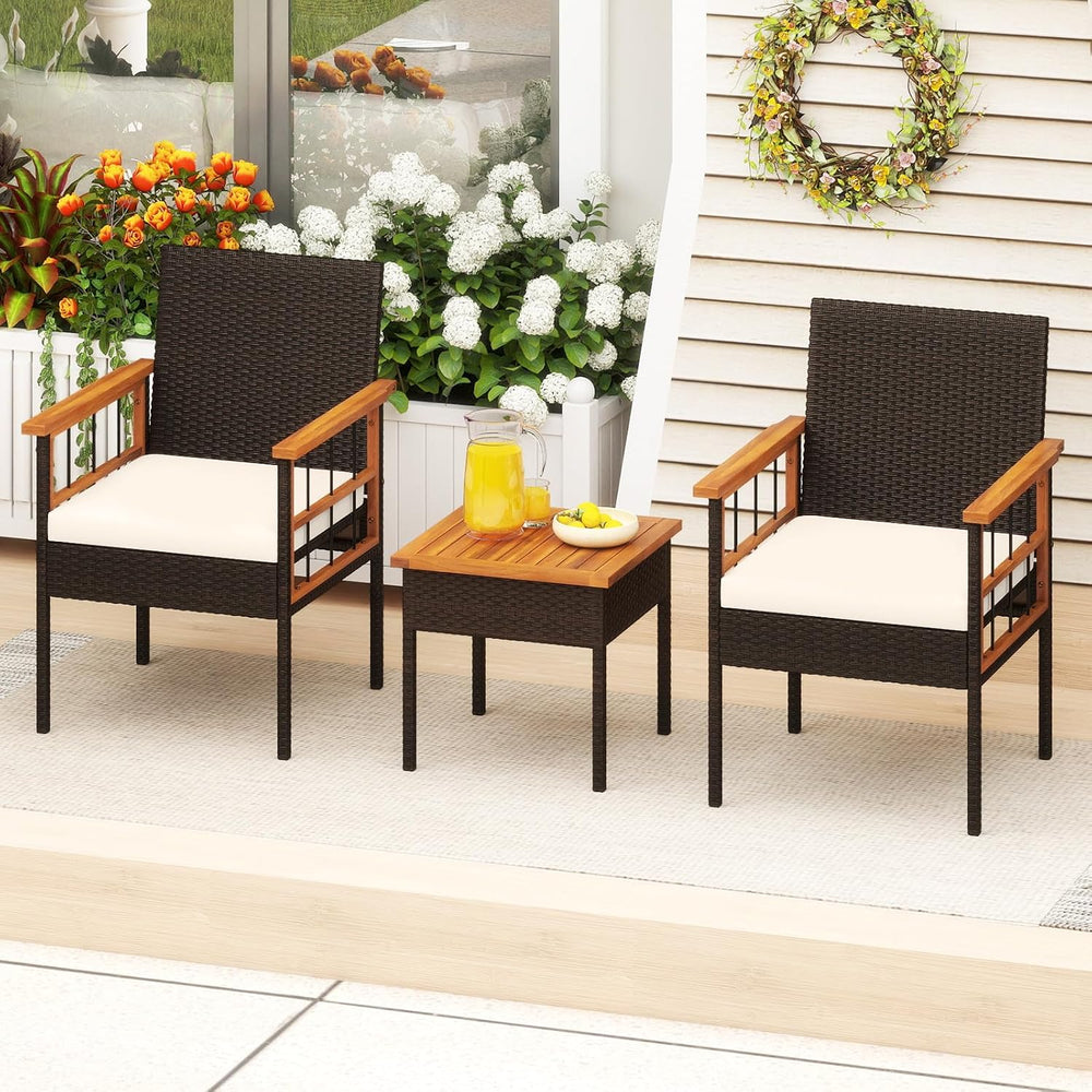 Tangkula 3 Piece Outdoor Wicker Conversation Furniture Set, Patio Rattan Cush...