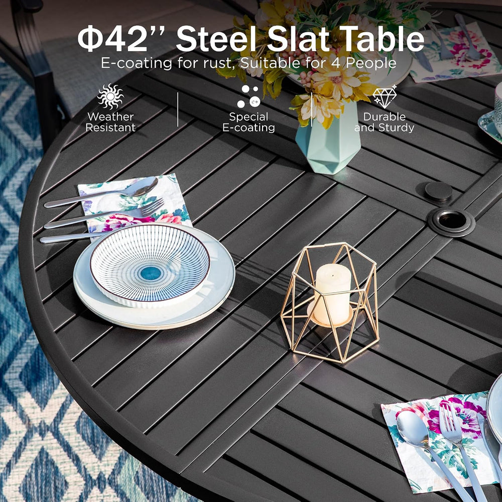PHI VILLA Outdoor Dining Set for 4, 42" Round Metal Table w/Umbrella Hole