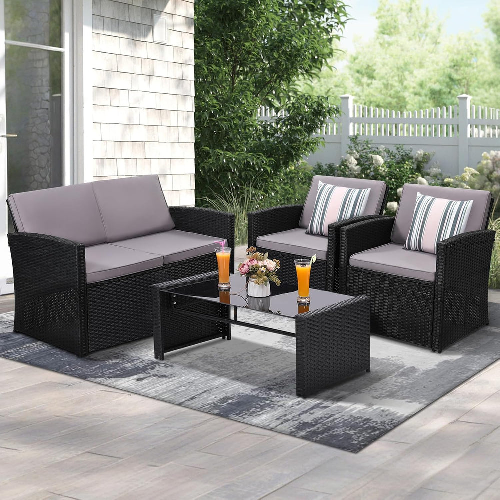 4 Piece Patio Furniture Set, Outdoor Wicker Conversation Set