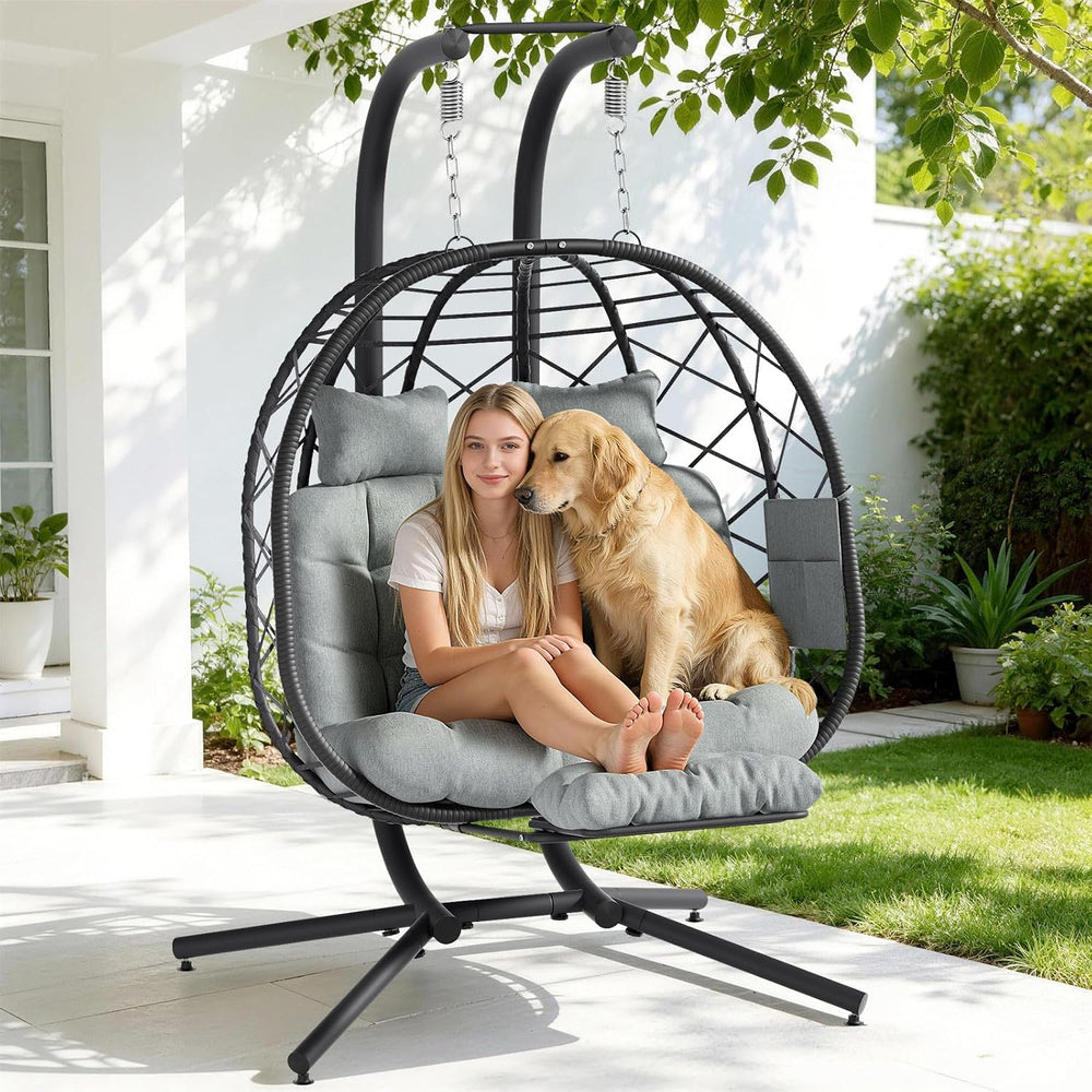 Suteck Double Hanging Egg Chair with Adjustable Footrest & Stand, Grey