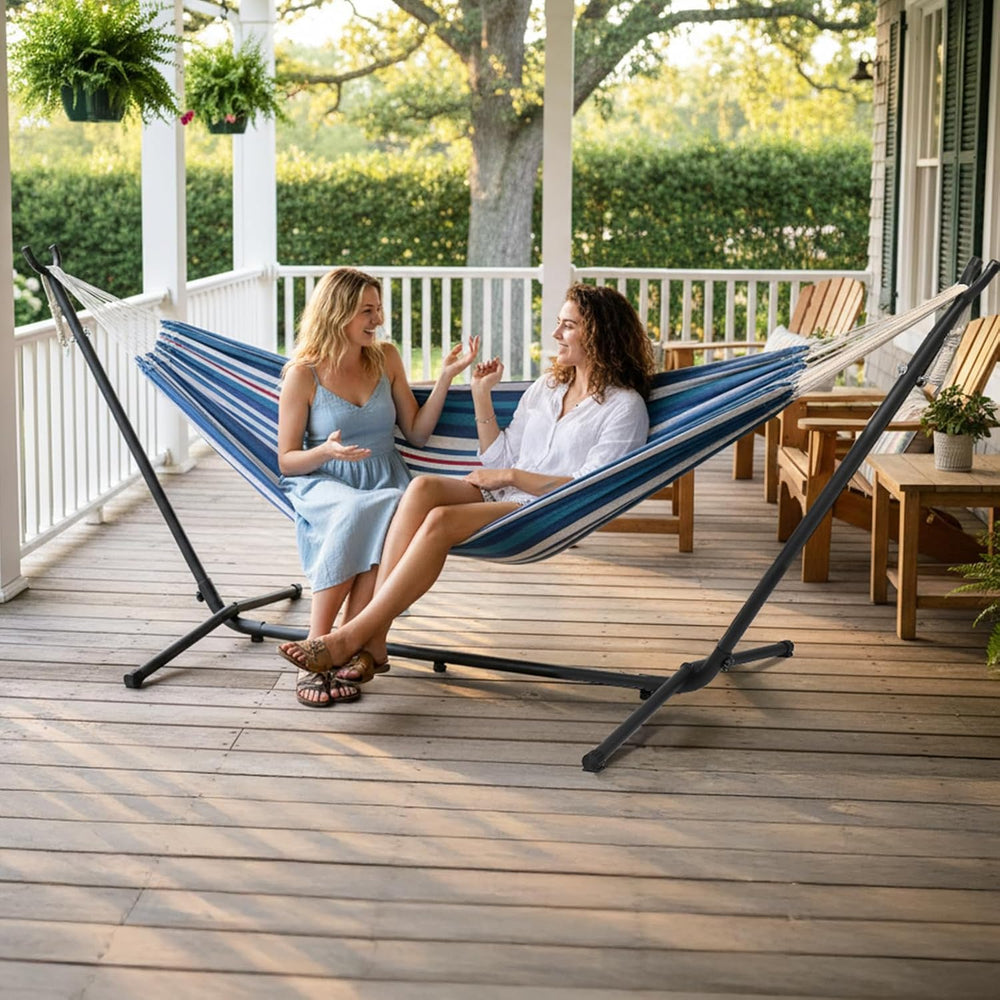 Double Hammock with 9 FT Stand Space Saving Carrying Case (Purple Blue)