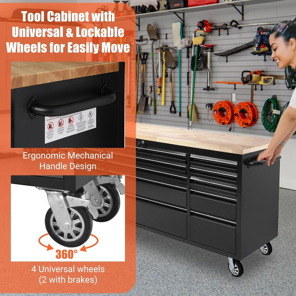 72" Heavy-Duty Rolling Tool Chest & Garage Workbench with 15 Drawers...