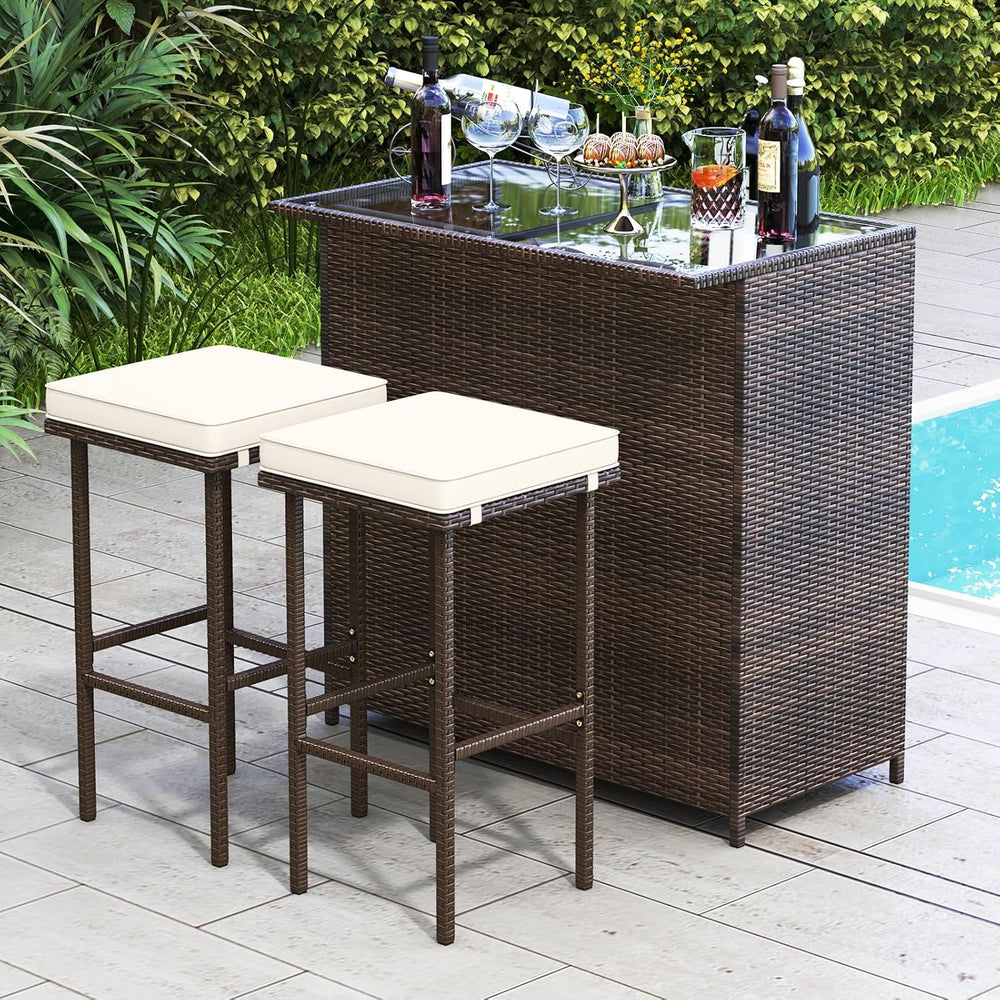 Tangkula Patio Bar Set, 3 Piece Outdoor Rattan Wicker Bar Set with 2 Cushions...
