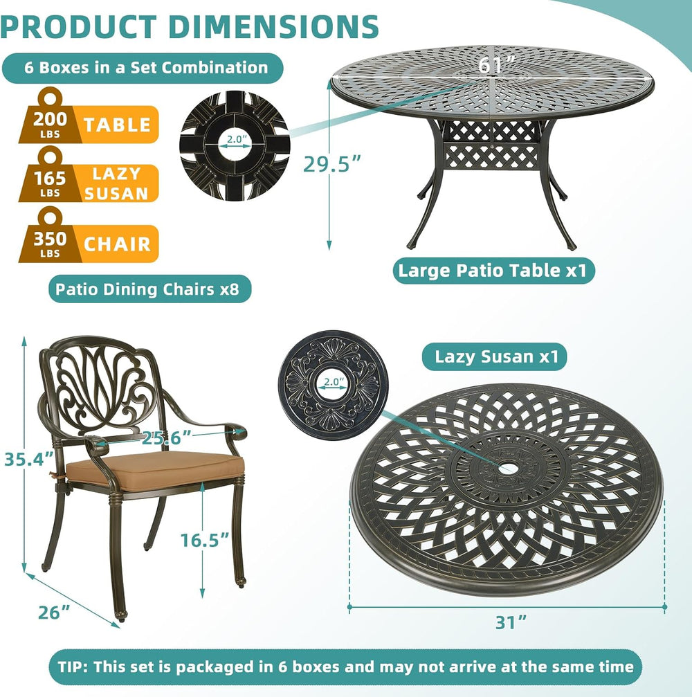 MEETWARM 9-Piece Outdoor Furniture Dining Set, All Weather Cast Aluminum Pati...