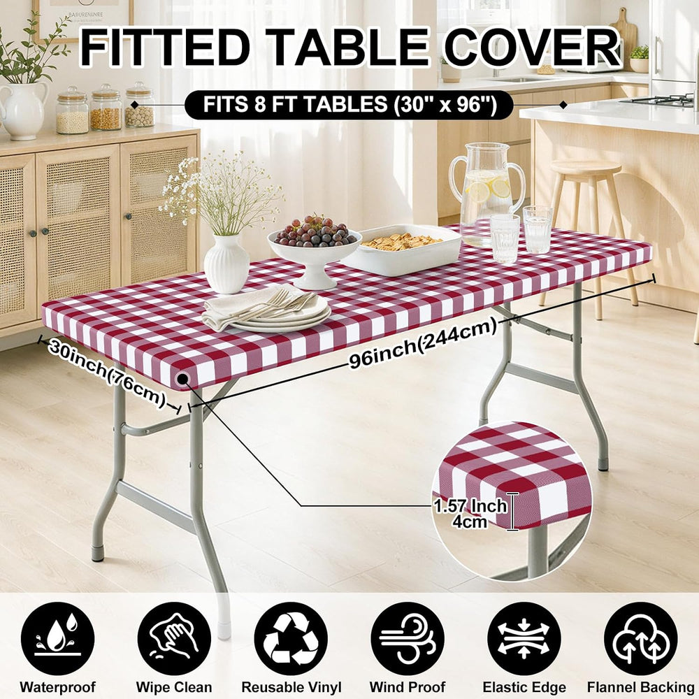 Smiry 8 Foot Picnic Table Cloth, Flannel Backed Fitted Vinyl tablecloths