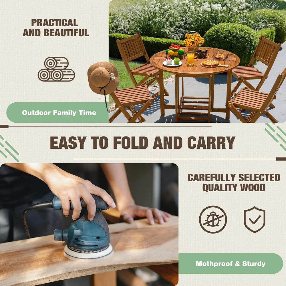 Devoko Acacia Wood Outdoor Patio Folding Table and Chairs Set for 4