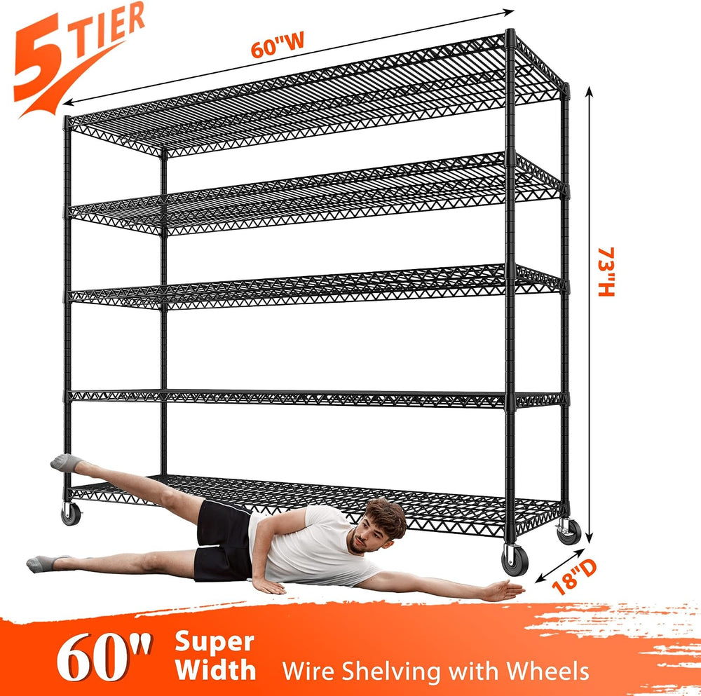 REIBII 5-Tier Heavy Duty Shelving with Wheels, 3200LBS Storage Rack