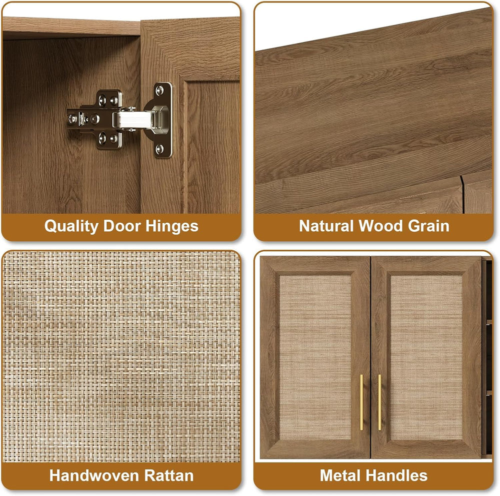 RUSTOWN 63.2" Rattan Laundry Room Cabinets, Large Wall Cabinet for Kitchen