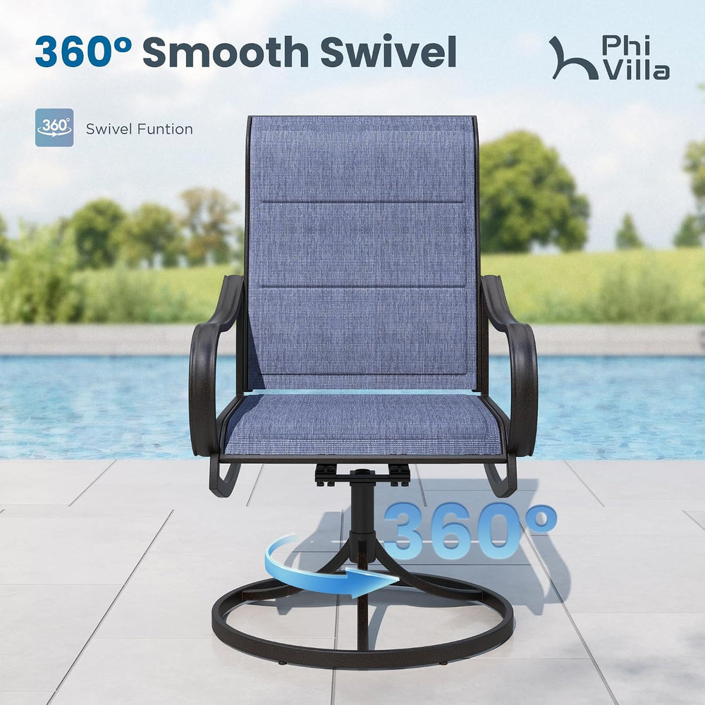 PHI VILLA Patio Dining Set for 6, Metal Table & Swivel Padded Chairs, Blue