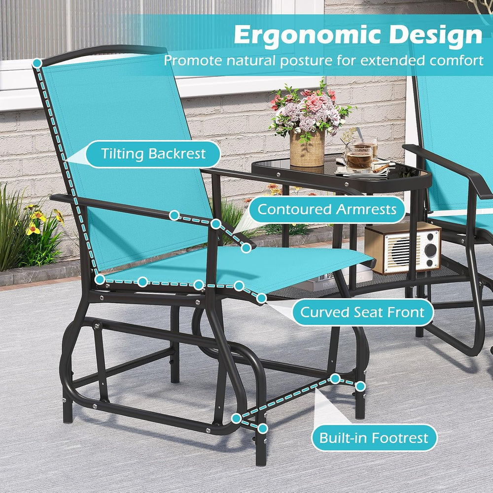 Tangkula 2-Seater Outdoor Glider Bench with 2-Tier Center Table (Turquoise)