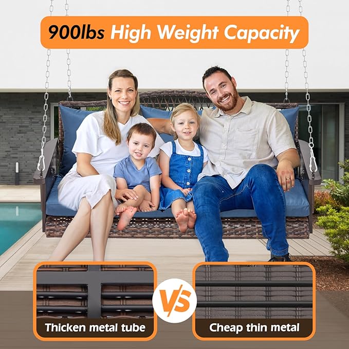 Upgraded Wicker Hanging Porch Swing Heavy Duty 900 LBS 3-Seat Outdoor Patio S...