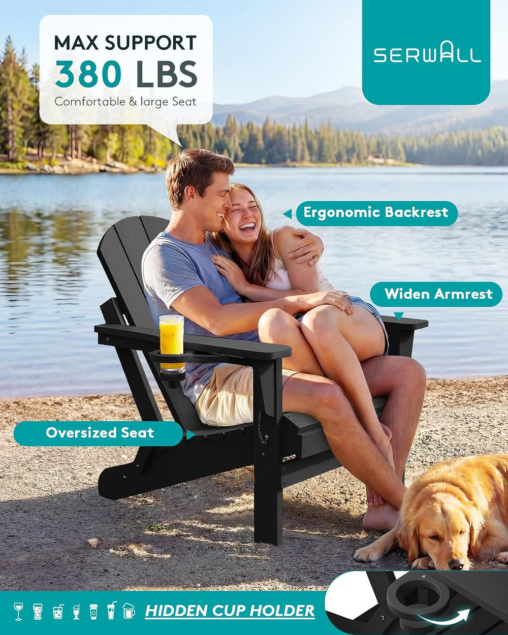 SERWALL Folding Adirondack Chairs with Cup Holder, Outdoor Fire Pit - Black