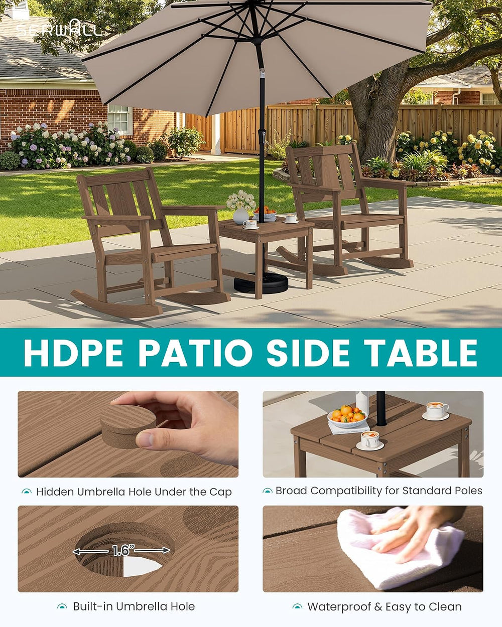 SERWALL 3-Piece Patio Furniture Set with 2 Rocking Chairs & Table, Brown