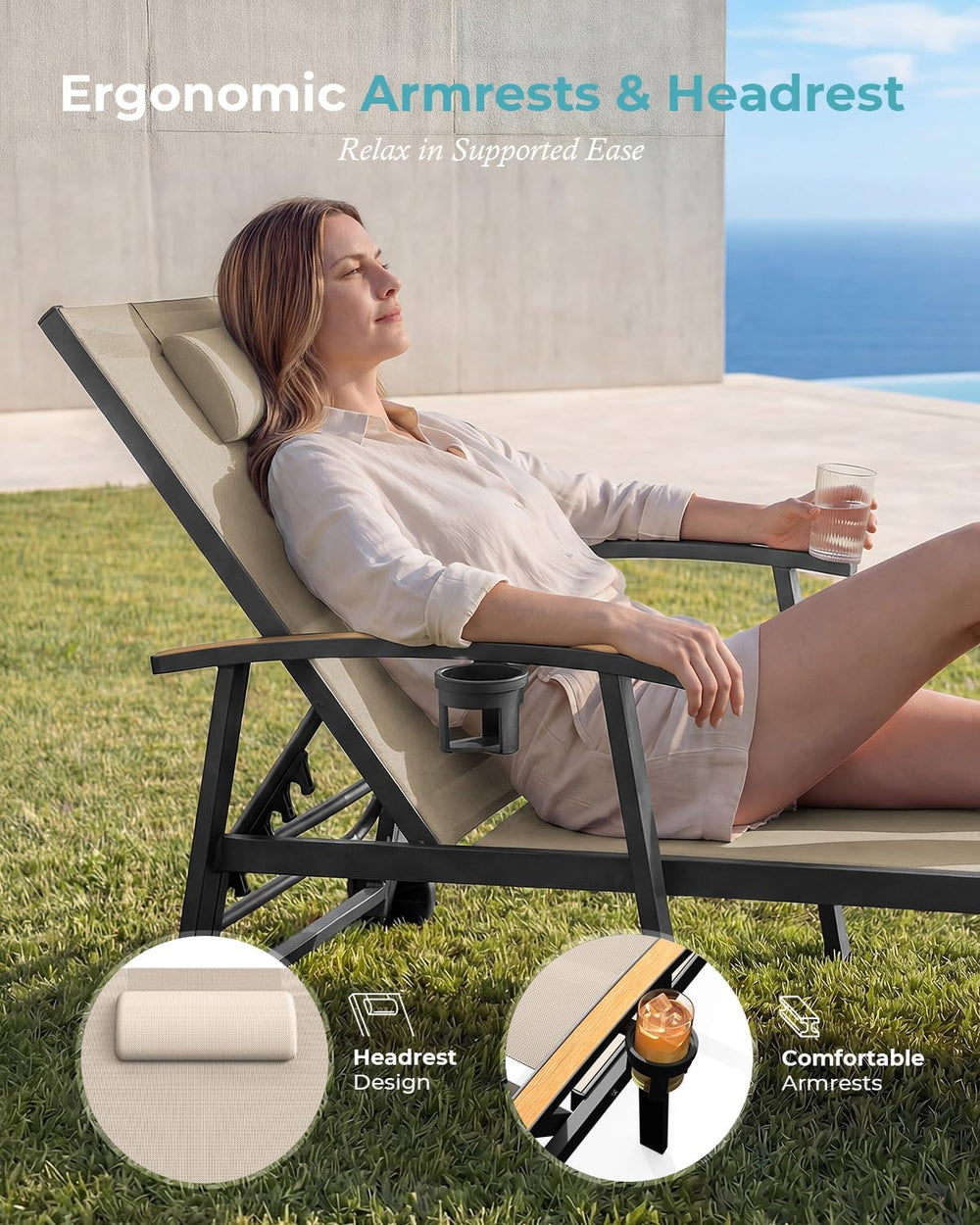 Ciokea Outdoor Lounge Chair with Pillow, 5-Position Aluminum Chaise Lounge wi...