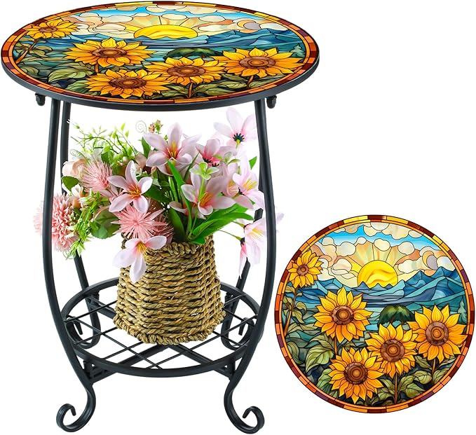 Outdoor Side Table Round Small Mosaic Patio Accent Indoor End Plant Coffee Te...