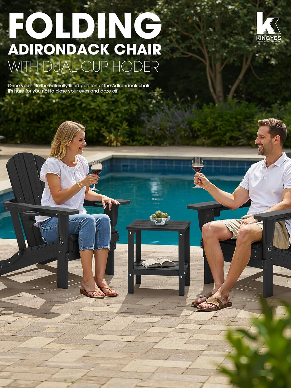 KINGYES Folding Adirondack Chair Set of 6 with 2 Cup Holders, Black