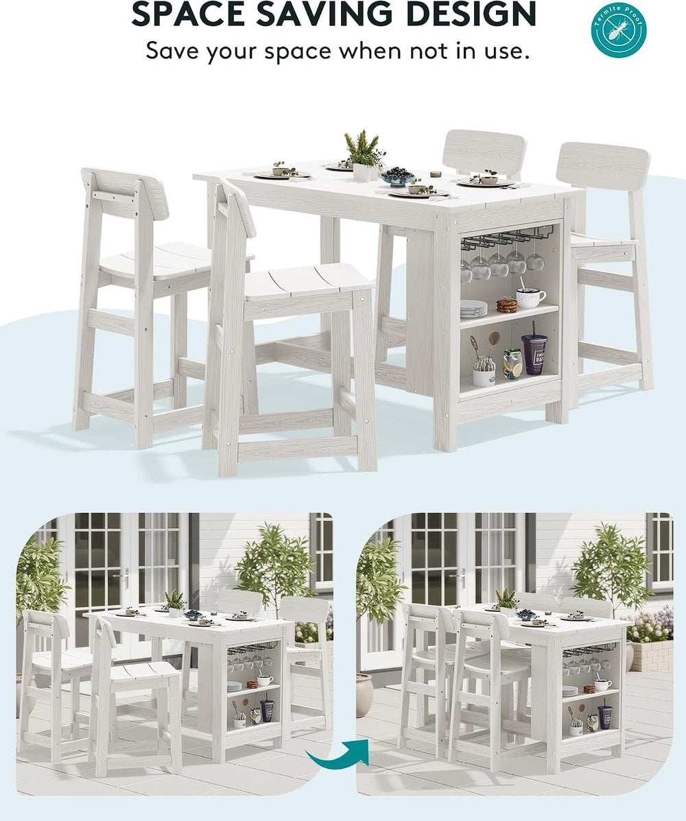 SERWALL Outdoor HDPE Counter-Height Bar Table with Storage Rack, White
