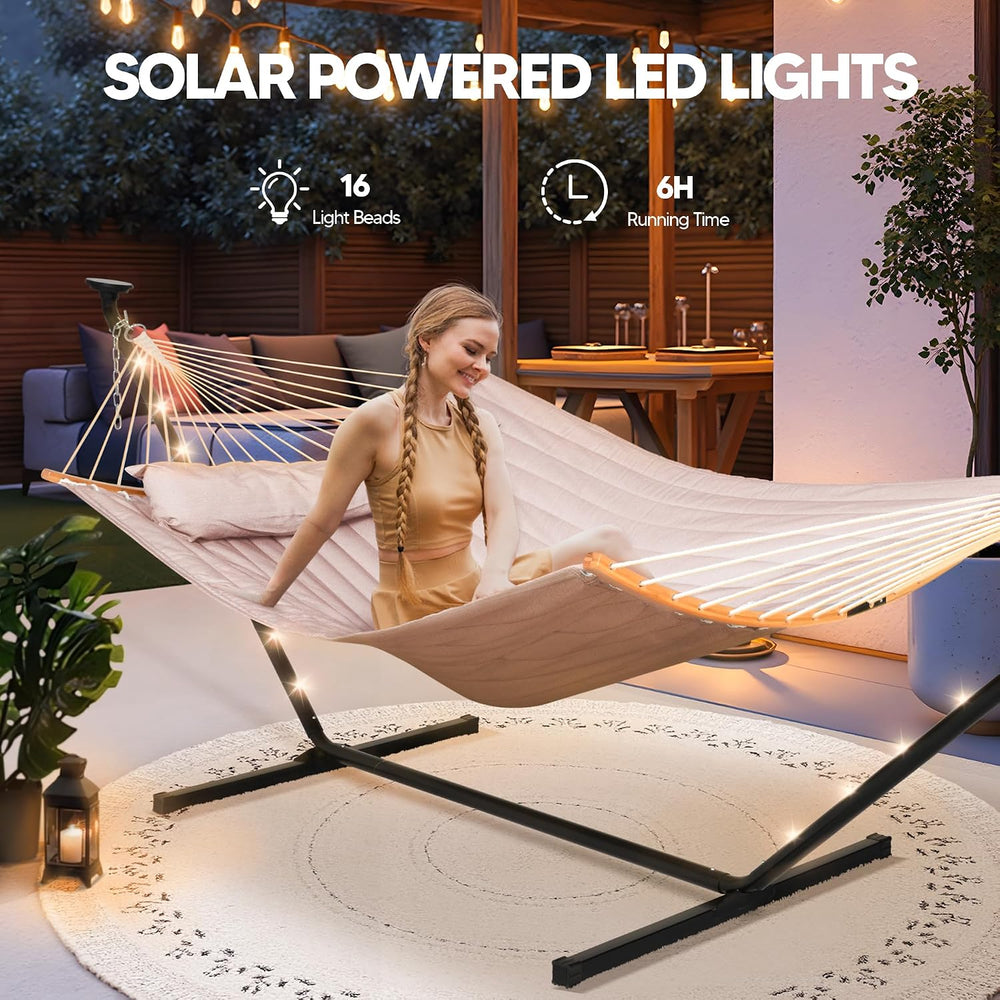 Hammocks Outdoor 2 Person Hammock with Solar Powered Lights, Tan