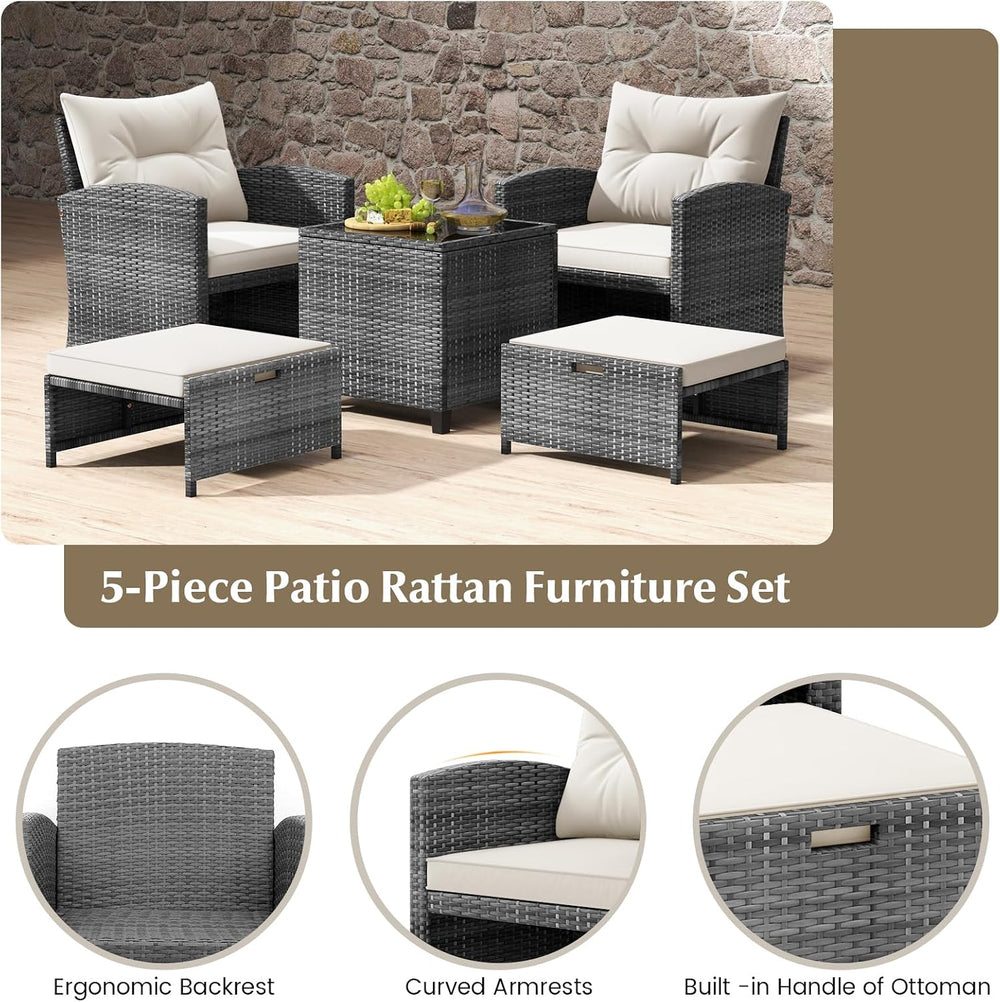 KOTEK 5 Pieces Patio Furniture Set with Ottomans, Wicker Patio Conversation S...
