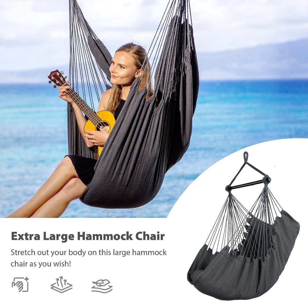 Hammock Chair Swing with Steel Support Bar, Side Pocket, Dark Gray