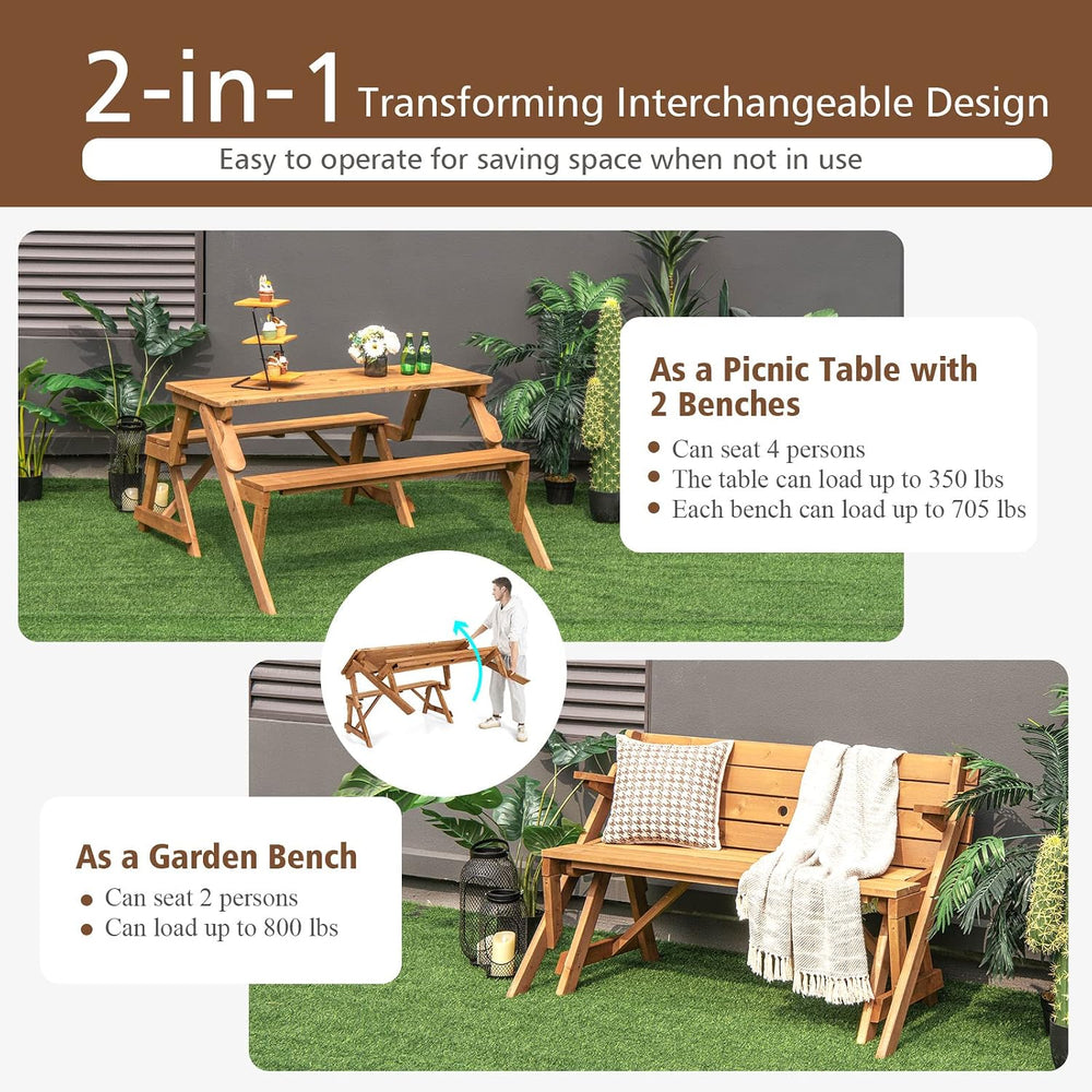 GYMAX Picnic Table, 2 in 1 Convertible Picnic Bench Table Set, Transforming I...