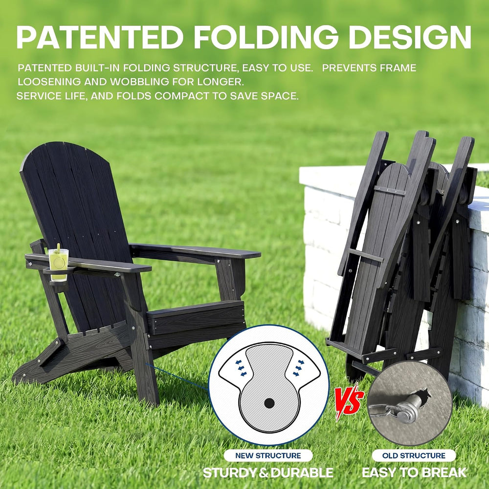 HDPE Folding Adirondack Chair with Cup Holders, Black