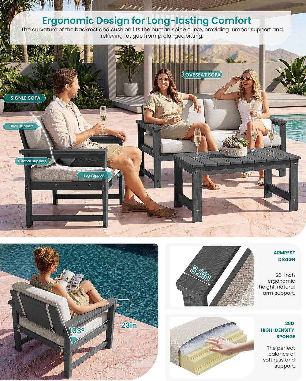 SERWALL 2 Pieces HDPE Cushioned Single Adirondack Armchair Sofa Set