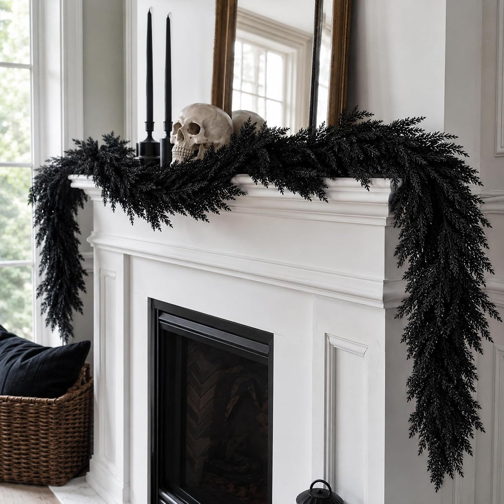 2 Pcs 6ft Black Halloween Cedar Garland, Gothic Vine Twig Mantle Decoration