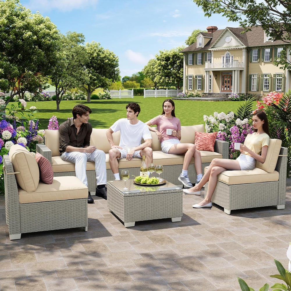 7-Piece Outdoor Patio Furniture Set, 6-Seat All-Weather PE Rattan Wicker Pati...