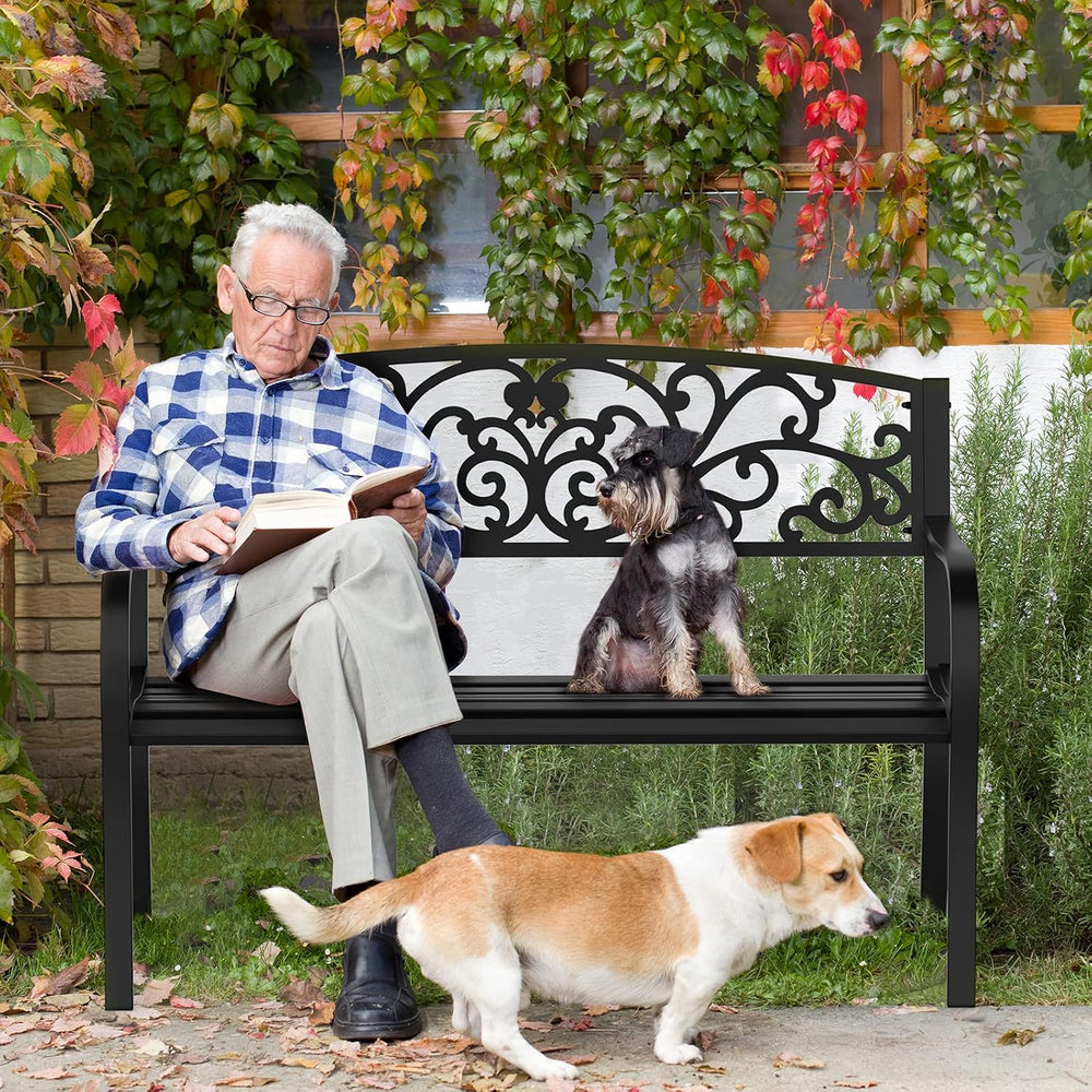 VINGLI Outdoor Bench for Patio Metal Garden Bench w/PVC Back Pattern, Black P...