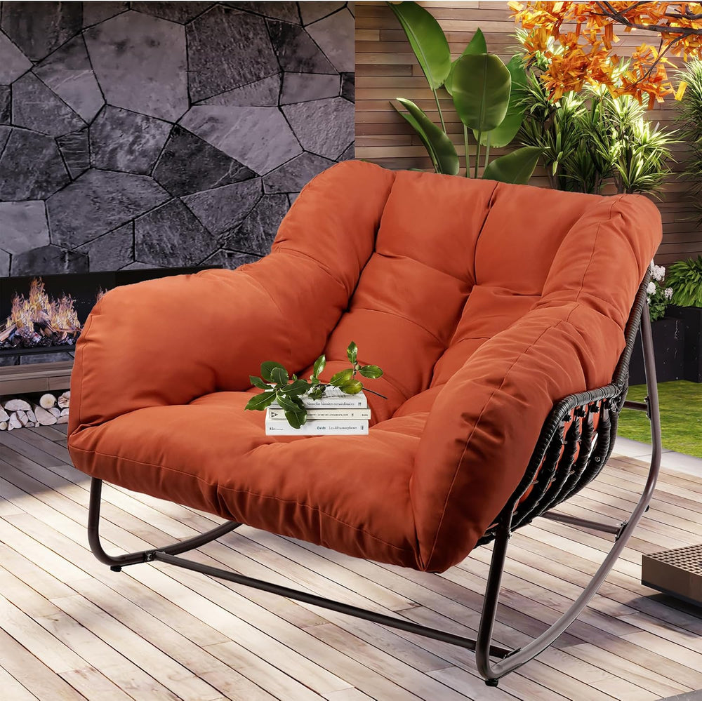 Outdoor Papasan Rocking Chair, Oversized Patio Rocking Chairs with Padded Cus...